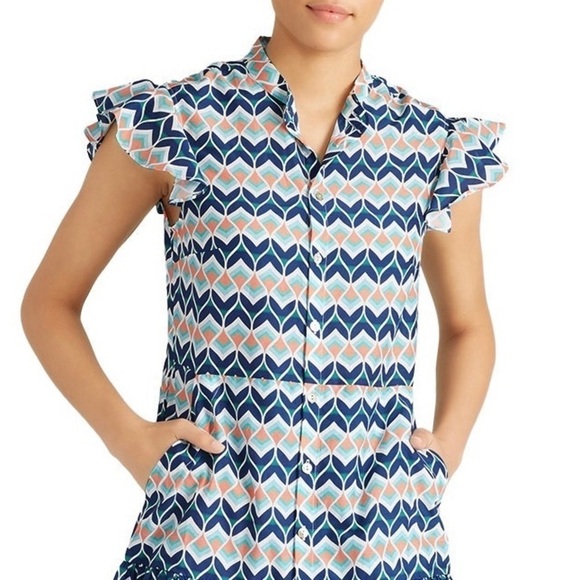 PALOMA BLUE Silk Cotton Flutter Sleeve Button‎ Front Tiered Ruffle Maxi Dress L - Picture 5 of 7